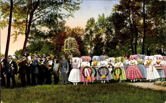 Postcard Burg im Spreewald, topping-out ceremony, crowning, folk costumes