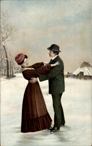 Postcard couple ice skating on a frozen lake