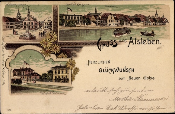 litho Alsleben an der Saale, marktplein, stadhuis, panorama, treinstation met trein, gefeliciteerd met het nieuwe jaar