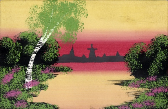 Hand-painted picture panorama, lake, windmill