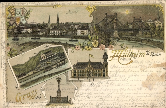Postcard Mülheim an der Ruhr, view of Mülheim, city view, buildings, bridge, river view