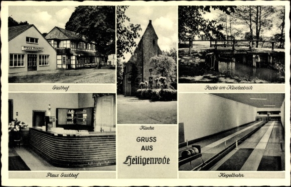 Postcard Heiligenrode Stuhr Lower Saxony, Pleus Gasthof, owner Georg Meyer, Klosterbach, bowling alley, church