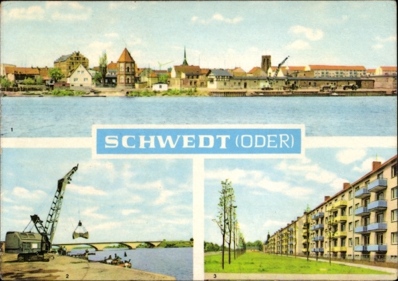 Postcard Schwedt on the Oder, city bridge, Leninallee, settlement