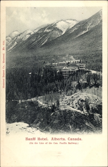 KP Banff Alberta Kanada, Banff Hotel, na linii puszki. Kolej Pacyfiku, panorama górska, budynki
