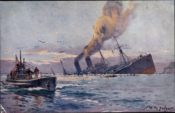 Künstler Ak Stöwer, Willy, Deutsches U Boot, Versenkung eines Truppentransportdampfers