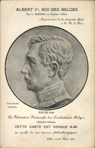 PC King Albert I of Belgium, portrait in profile, engraving by L. Bisman, Lille