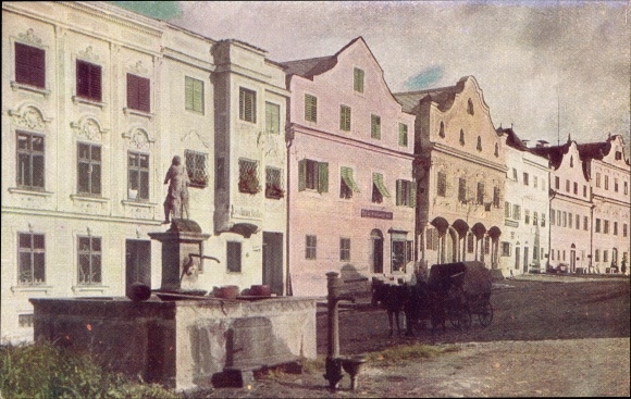 Postcard Neufelden im Mühlviertel Upper Austria, street, fountain