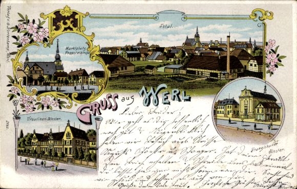 litho Werl in Westfalen, Franciscaans klooster, marktplein, totaalbeeld