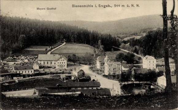 Ak Bienenmühle im Erzgebirge, Bienenmühle i. Erzgeb., 544 m, Meyers Gasthof, Landschaft