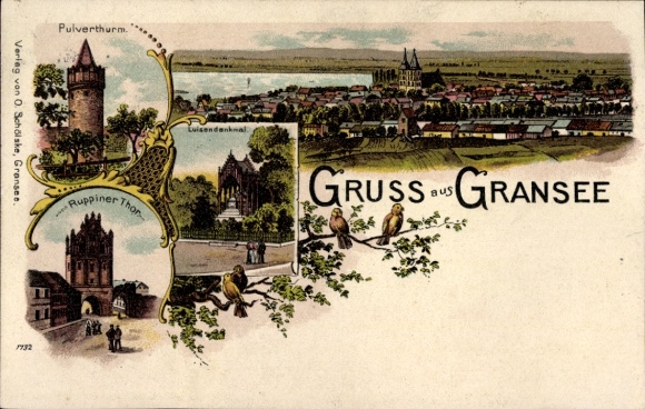 Chromo-Litho Gransee in the Oberhavel district, Powder Tower, Luisendenkmal, Ruppiner Tor, total view