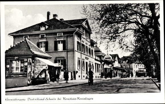 Postcard Kreuzlingen Constance on Lake Constance, border crossing to Switzerland, newspaper kiosk