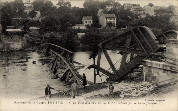 Postcard Auvers sur Oise Val d'Oise, destroyed, blown up bridge