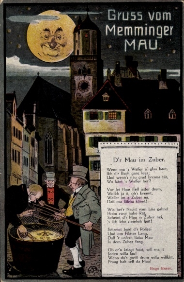 Postcard Memmingen in Swabia, Greetings from the Memminger Mau, Humorous scene with catfish and cook