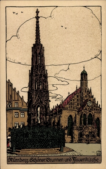 Lithography Postcard Nuremberg in Middle Franconia Bavaria, Beautiful fountain and Frauenkirche