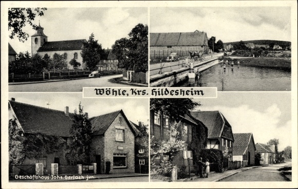 Postcard Wöhle Schellerten district of Hildesheim, commercial building, church, street section