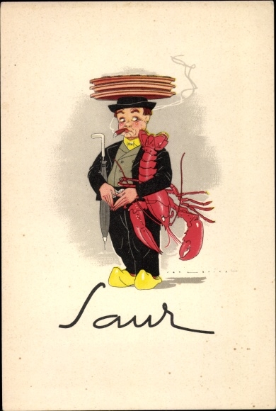 PC The Hague South Holland, Restaurant Saur, Lange Voorhout 51, man with cigar and lobster, advertisement
