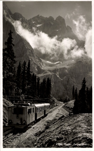 Postcard Garmisch Partenkirchen in Upper Bavaria, Bavarian Zugspitz Railway, cog railway, train carriage, mountains