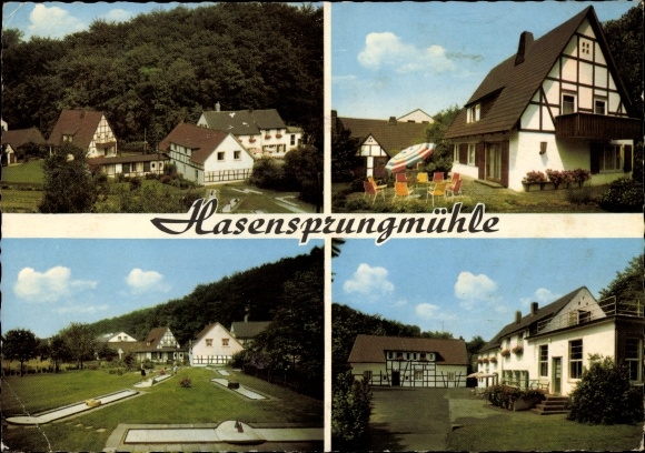 Postcard Leichlingen in the Rhineland, leisure center Hasensprungmühle, miniature golf course, partial view, courtyard, garden