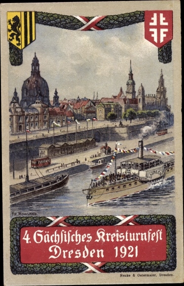 Coat of arms artist PC Rowland, F., Dresden center old town, 4th Saxon district gymnastics festival 1921, steamer