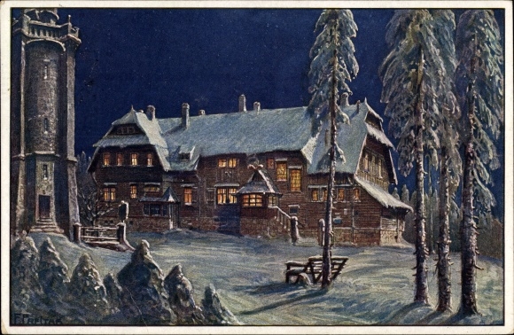 Artist PC Friday, F., Wildenthal Eibenstock in the Ore Mountains, Auersberg at night, snowy landscape