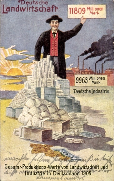 Postcard German agriculture, German industry, total production values of 1909, Empire