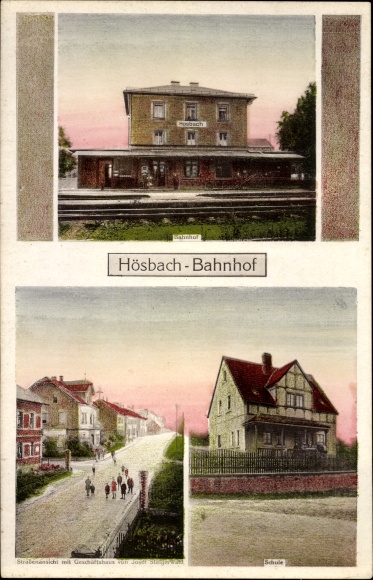 Postcard Hösbach Unterfranken, railway station track side, school, business Josef Steigerwald