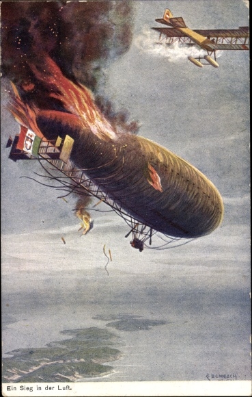 Artist PC Austrian flying boat, Lohner L 48, shooting down an Italian airship, I WW