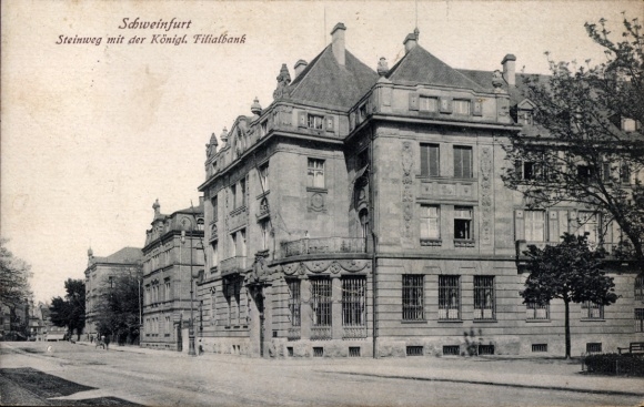 Postcard Schweinfurt in Lower Franconia Bavaria, Schlachtschüssel, Steinweg, Royal Branch Bank, Architect