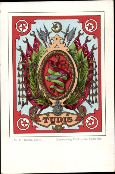 Litho Tunis Tunesien, Fahnen, Halbmond, Stern