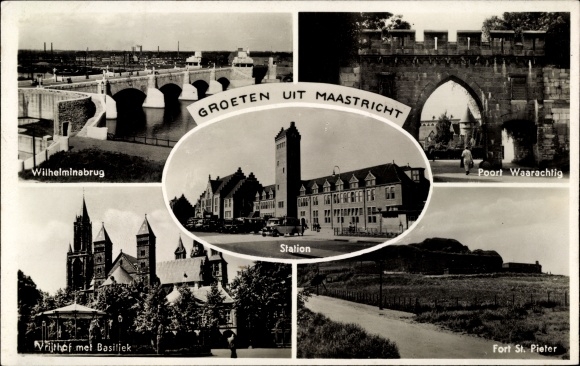 Postcard Maastricht Limburg Niederlande, Gate Waarachtig, Station, Wilhelmina Bridge