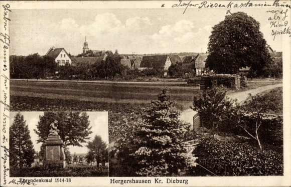 Postcard Hergershausen Alheim in Hesse, partial view, memorial 1914-1918
