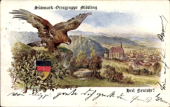 Coat of arms artist Postcard Mödling in Lower Austria, German academic round table, eagle