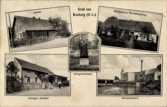 Postcard Boxberg in Upper Lusatia, school, shop Zschippang, Hering's Inn, war memorial