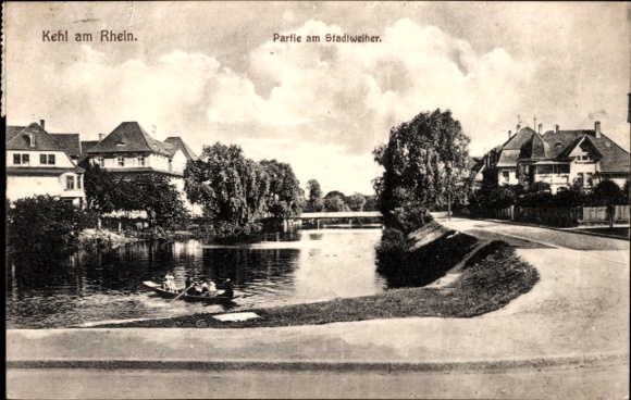 Postcard Kehl am Rhein, part of the town pond, quiet landscape, boats on the water