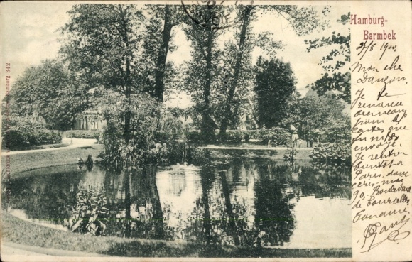 Postcard Hamburg Nord Barmbek, pond