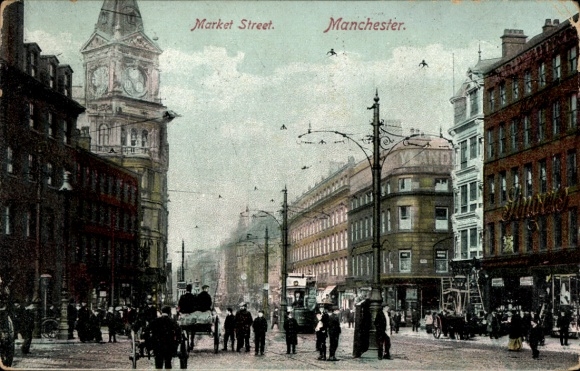 PC Manchester England, Market Street, s cityscape, people, horse-drawn carriages