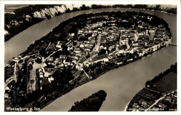 Postcard Wasserburg am Inn Upper Bavaria, aerial photograph of Wasserburg am Inn, river course, city view