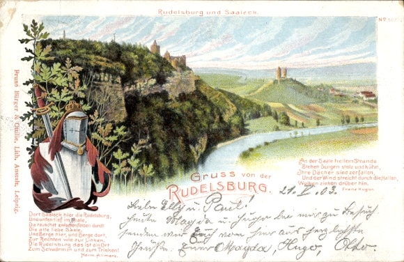 Litho Bad Kösen Naumburg an der Saale, Rudelsburg, Saaleck, Gedicht