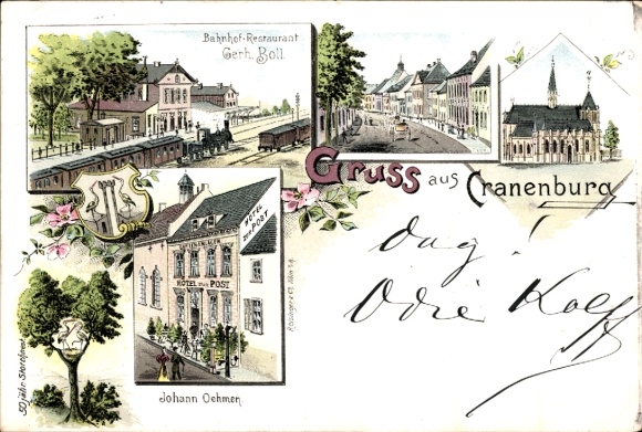 Chromo-Litho Cranenburg Kranenburg on the Lower Rhine, station restaurant Gerh. Boll, Hotel zur Post, church