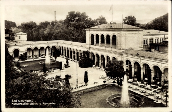 Postcard Bad Kissingen Lower Franconia Bavaria, Conversation House, spa gardens, fountains, trees, chairs