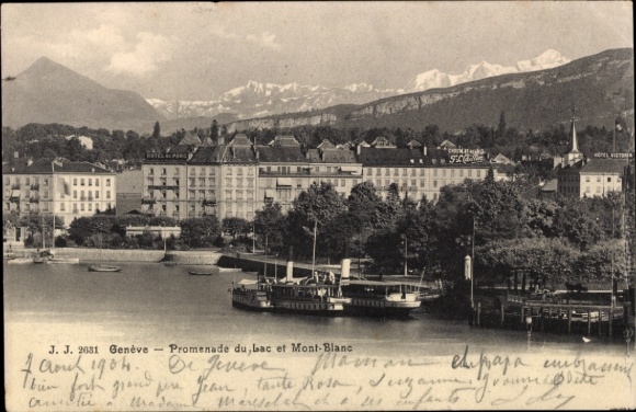 Zdjęcie miasta Genewa, Szwajcaria, Promenada du Lac, Mont Blanc, łodzie w wodzie, góry w tle