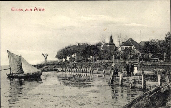 Ak Bad Arnis aan de Schlei, oevergebied, zeilboot