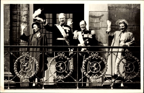 Postcard Gustav VI Adolf of Sweden, Queen Louise, Juliana of the Netherlands, Prince Bernhard, 1955