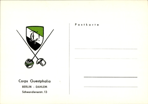 Studentika Postcard Berlin, Corps Guestphalia, Schwendenerstraße 13, Dahlem, coat of arms, sword