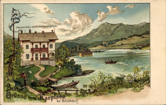 Künstler Litho  Haunstetter, J., Schlehdorf am Kochelsee, Projektiertes Restaurantgebäude, Karpfsee