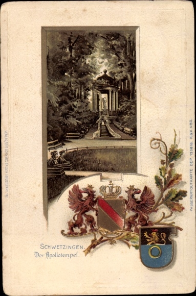 Embossed Coat of Arms Chromo-Litho Schwetzingen Baden Württemberg, Temple of Apollo