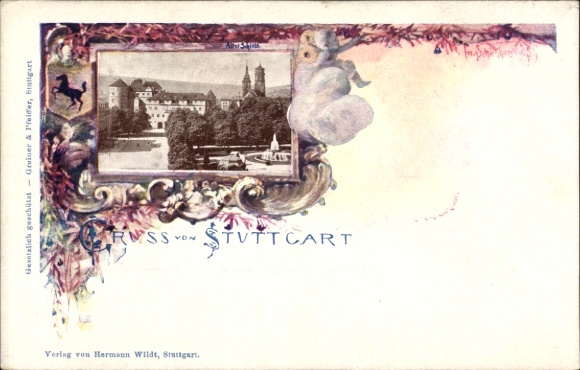 Postwaardekaart briefkaart Stuttgart Baden Württemberg, oud kasteel, wapenschild