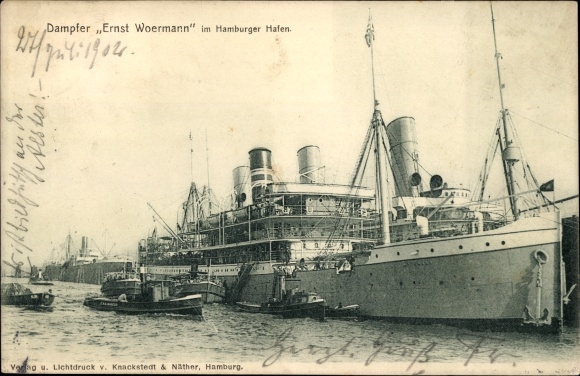 Postcard steamer Ernst Woermann in the port of Hamburg, Woermann line