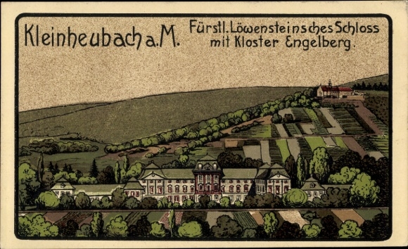 Lithograph PC Kleinheubach am Main Lower Franconia, Löwenstein Castle with Engelberg Monastery
