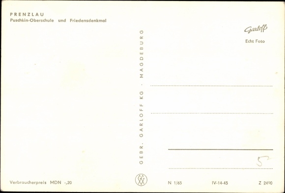 Postcard Prenzlau in the Uckermark, Puschkin high school and peace monument